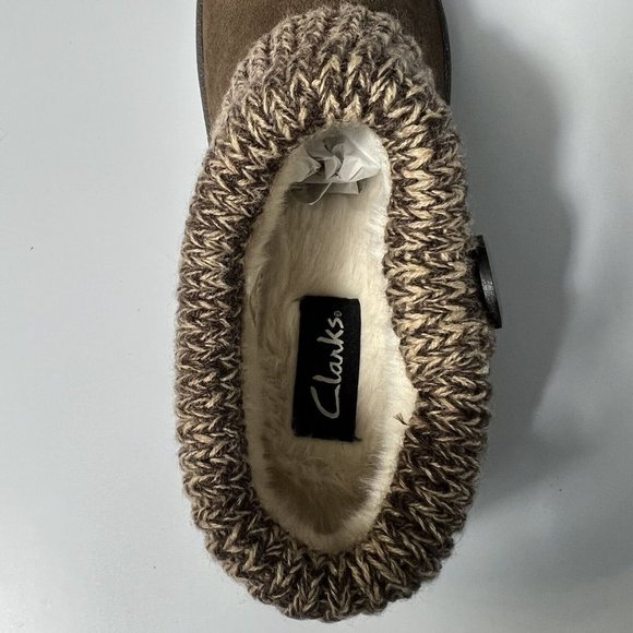 Clarks Women's Knitted Collar Clog Slipper Brown Size 7M Faux Fur Lined - Picture 8 of 10